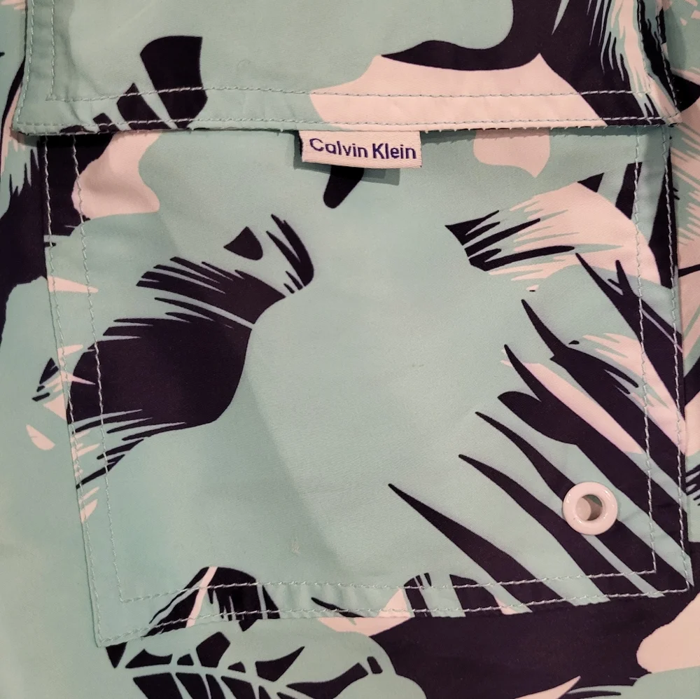 Calvin Klein‎ Mens XXL Swim Trunks Aqua Blue Tropical Drawstring Pockets …